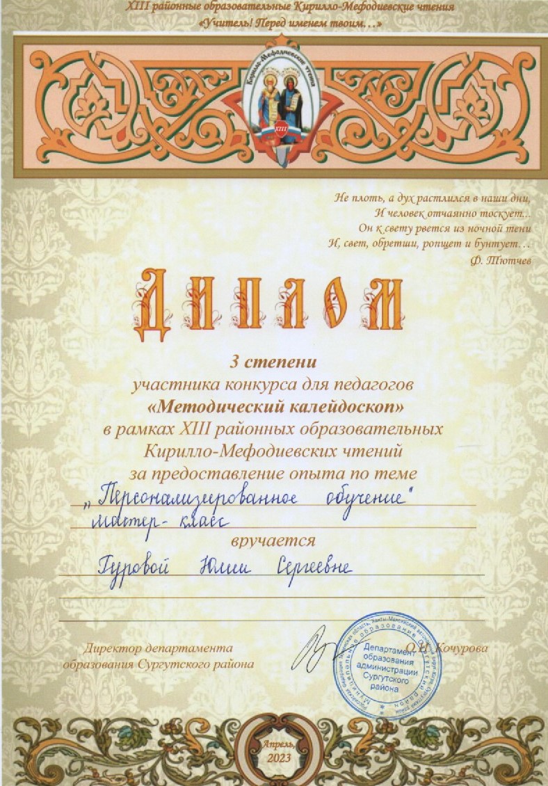 Diplom 3 stepeni konkursa dla pedagogov Metodiceskij kalejdoskop